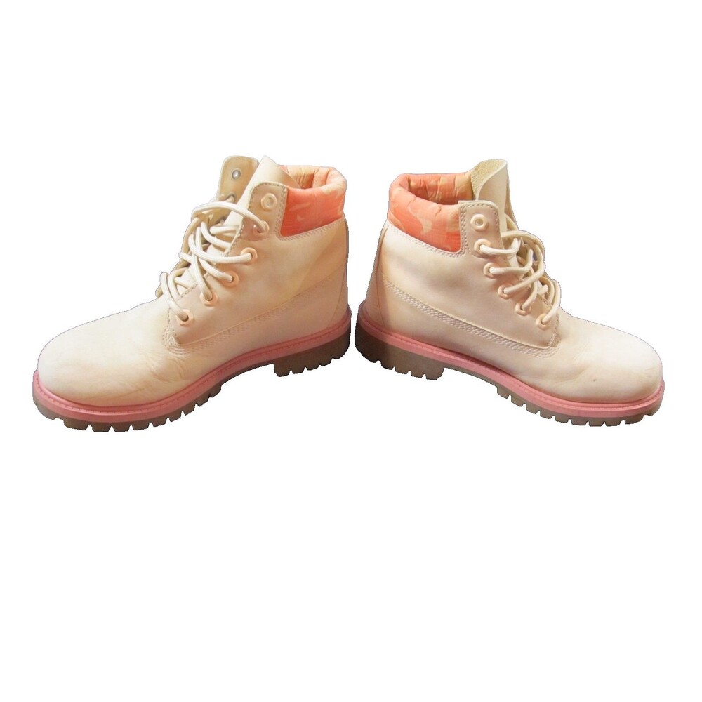 Timberland Kids Boots Size 4 Tan Leather Pink Orange Padded Collar - Picture 2 of 12